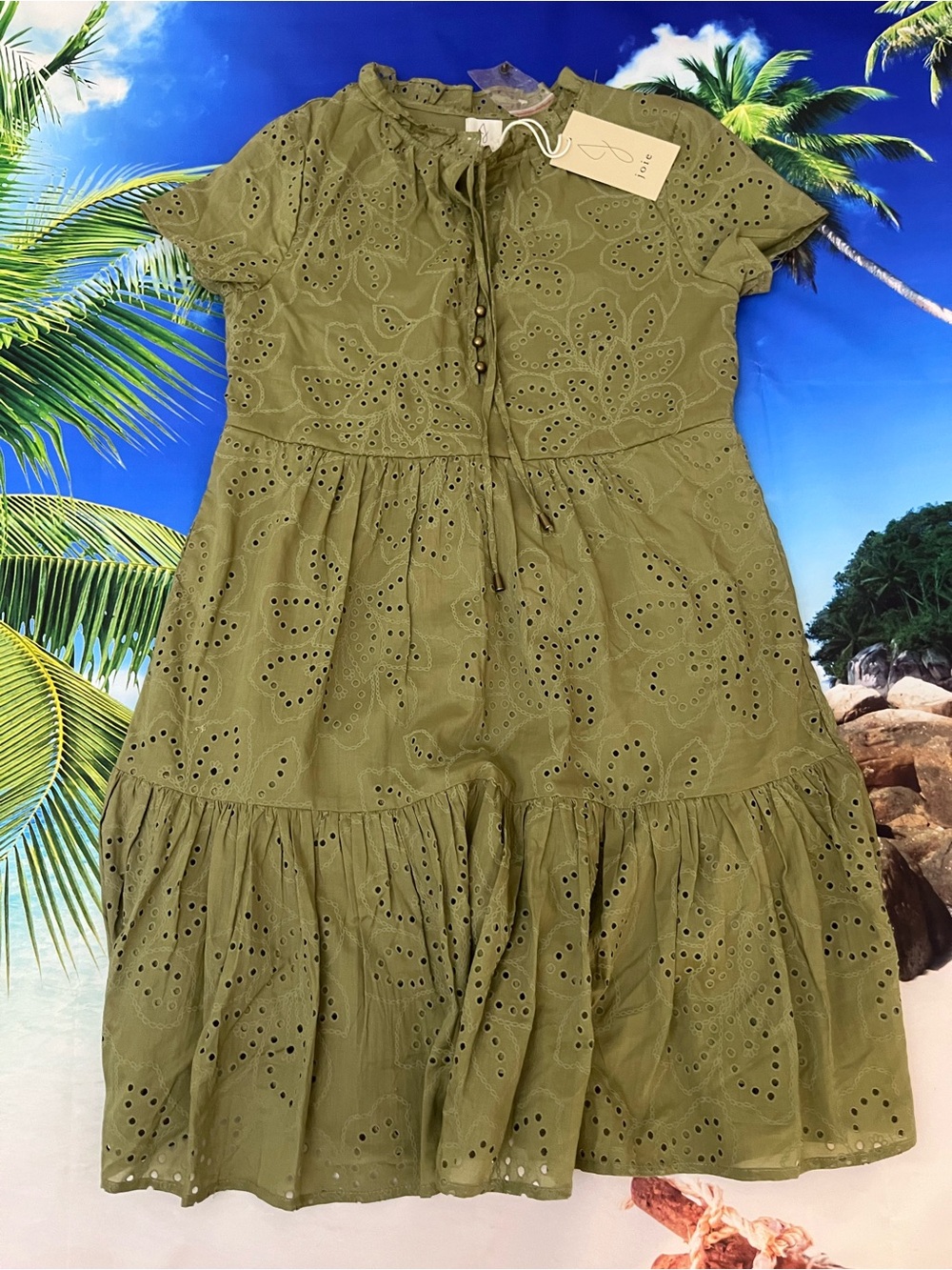 Joie Army Green Eyelet Tiered Dress with Tie Neck
